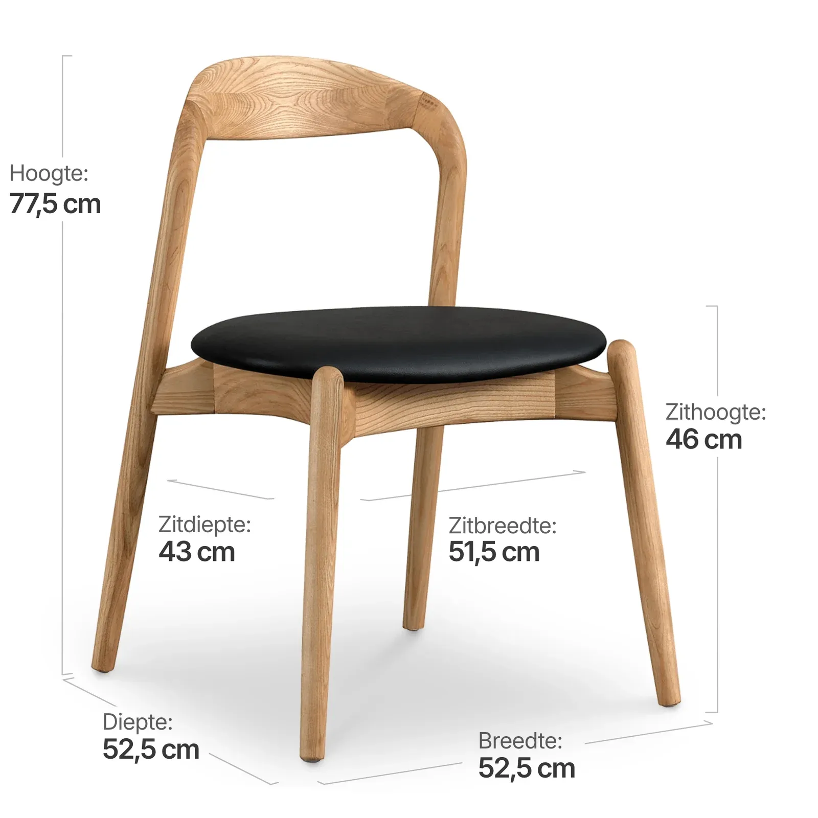 Bow Eetkamerstoel | Essen Hout | Zwart PU Leer