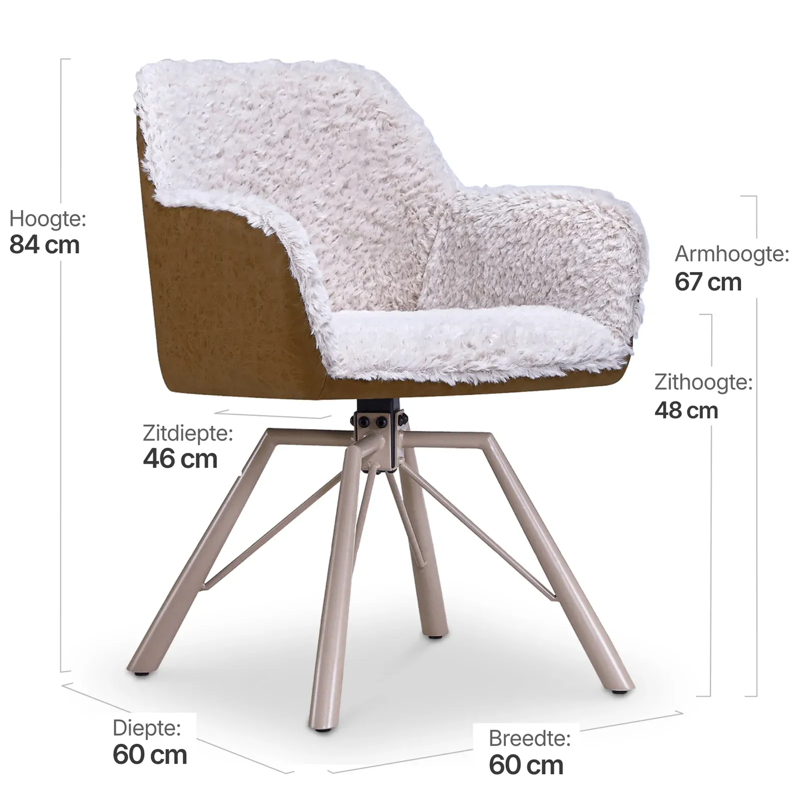 Draaibare Eetkamerstoel Nord | Taupe Sheepskin Cognac Leer  | Taupe Onderstel