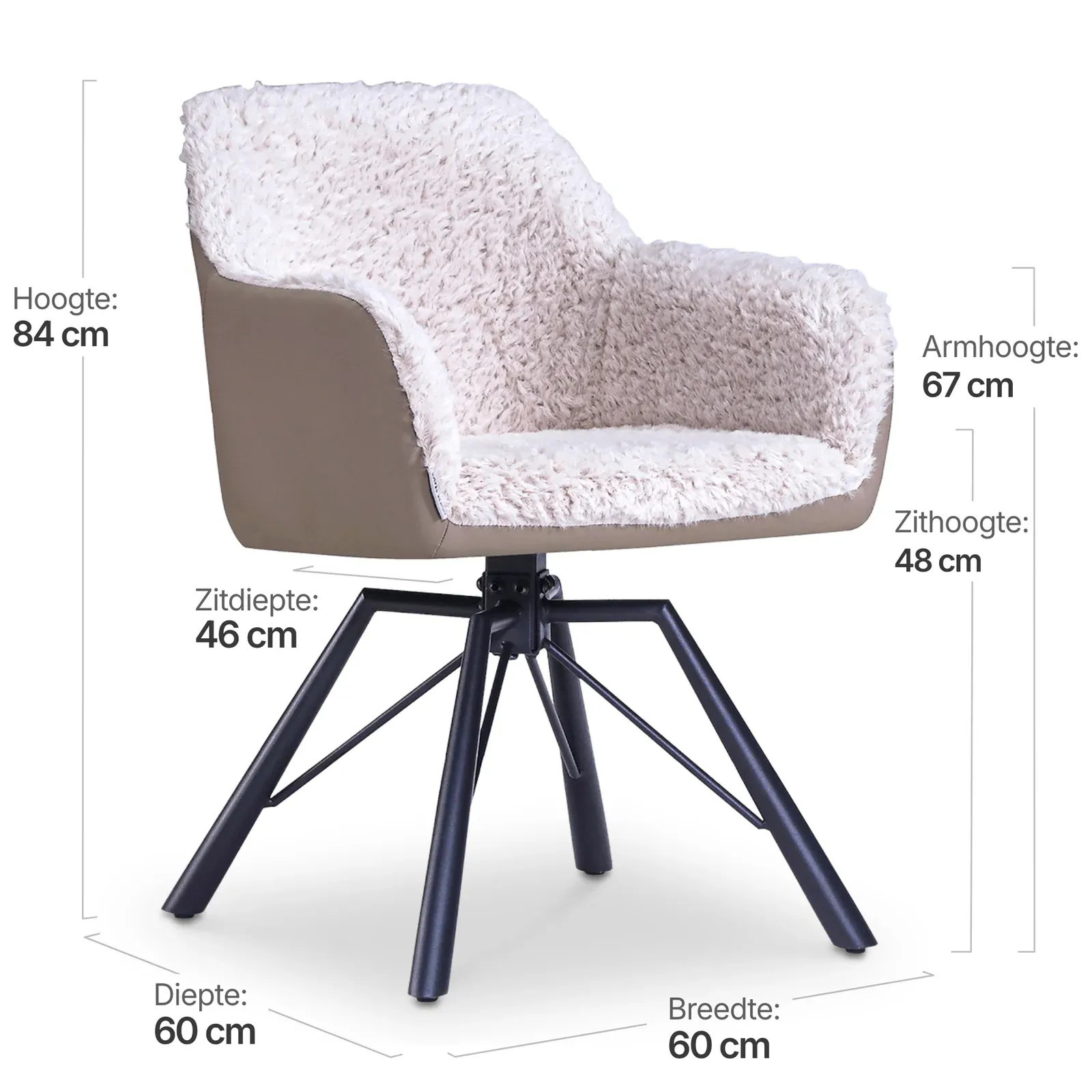 Draaibare Eetkamerstoel Nord | Taupe Sheepskin Taupe Leer  | Zwart Onderstel
