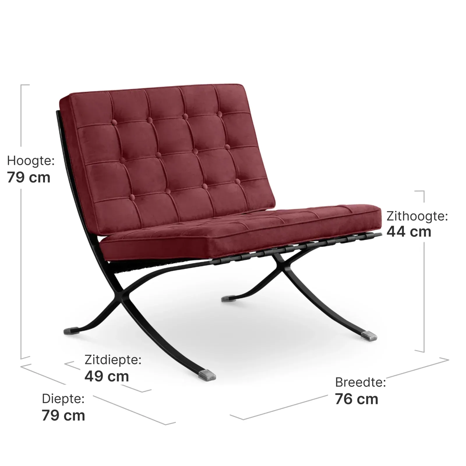 Paviljoen Chair Rood Velvet Set | Inclusief Voetenbank | Zwart Frame