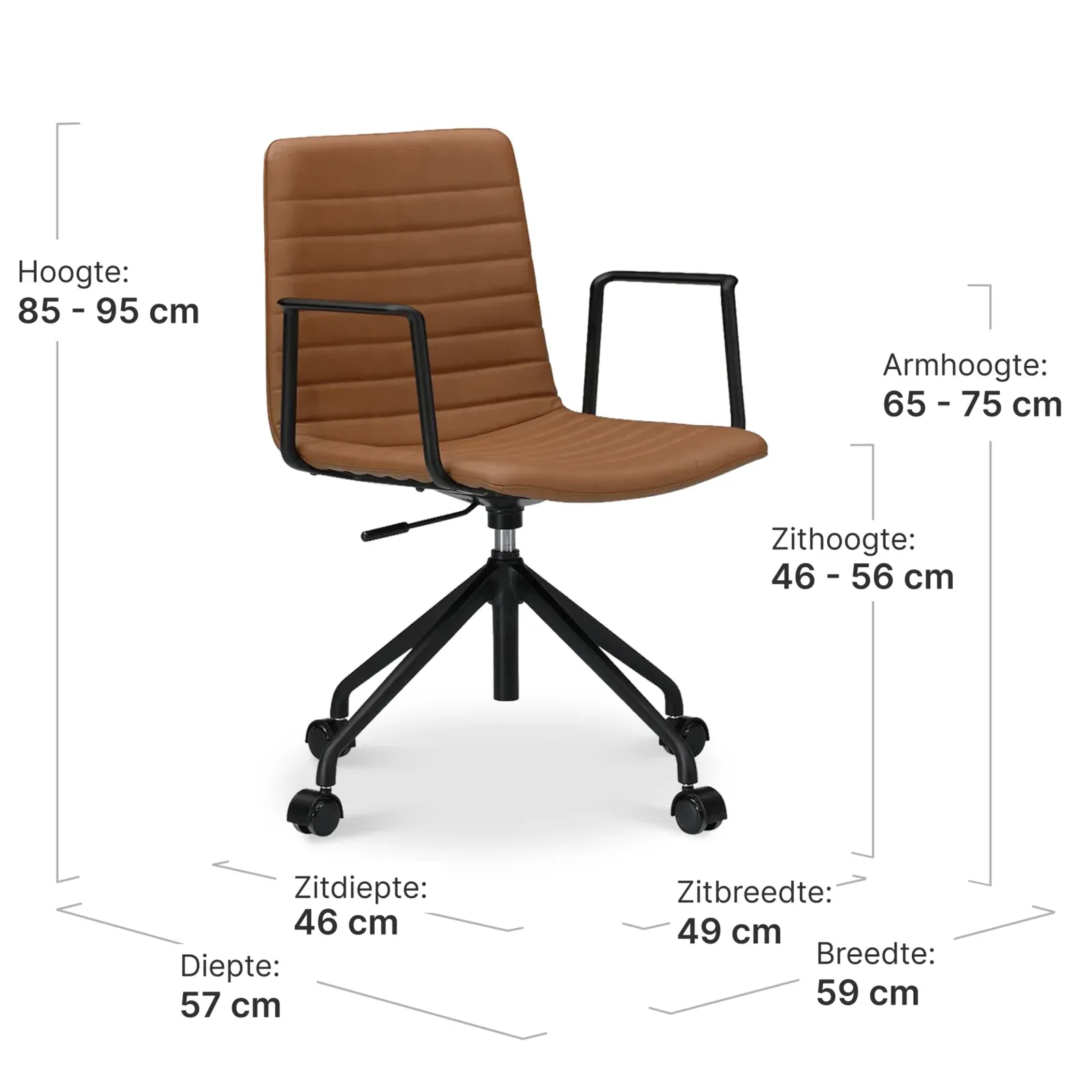 Cavel Lincoln Bureaustoel | Cognac PU Leer | Mat Zwart