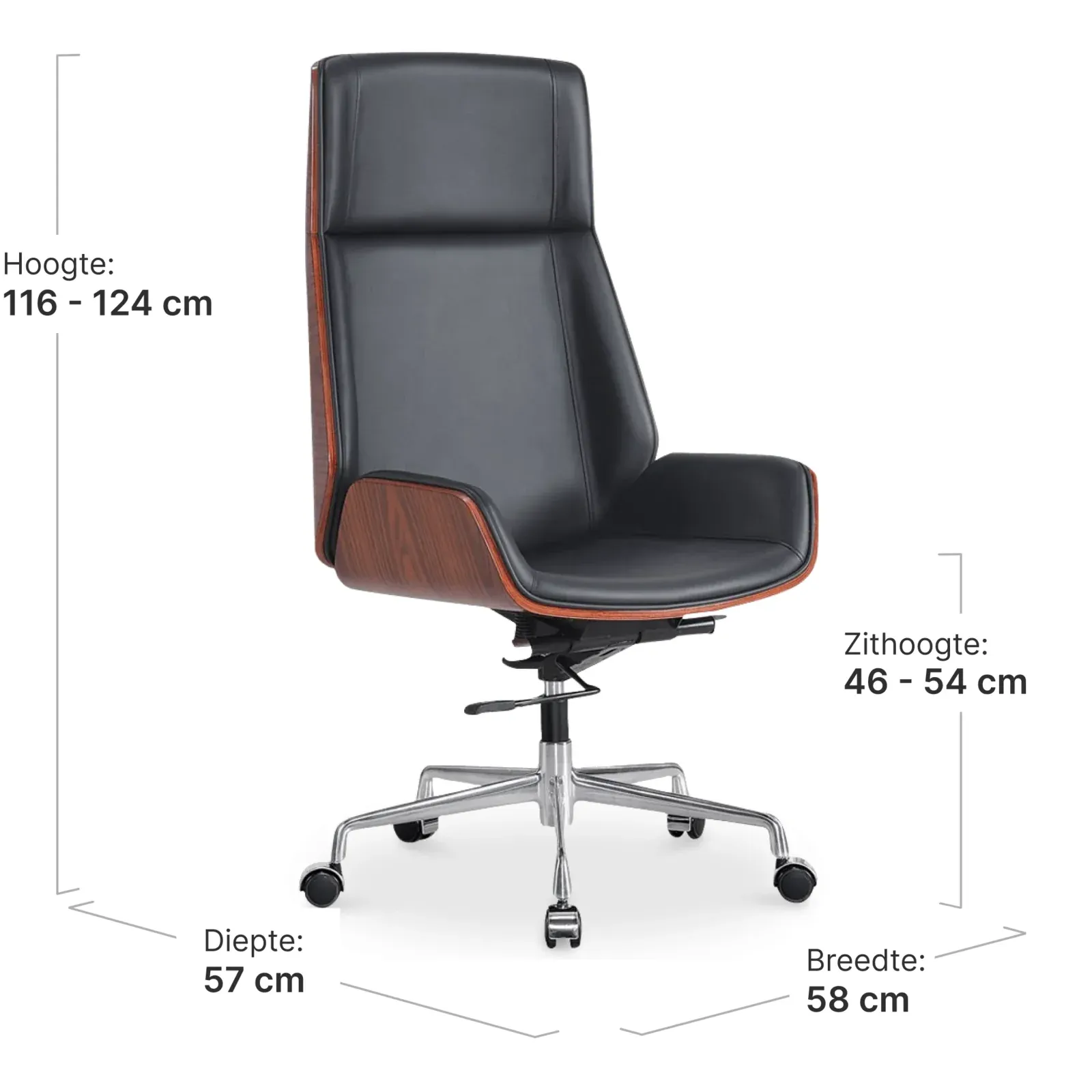 Bureaustoel Charles Zwart Leer, Palissander Hout