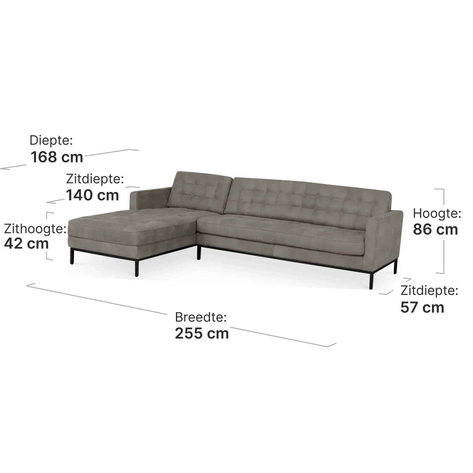 Italo Hoekbank Elegant Silver Grey Velvet (Hoek Rechts)
