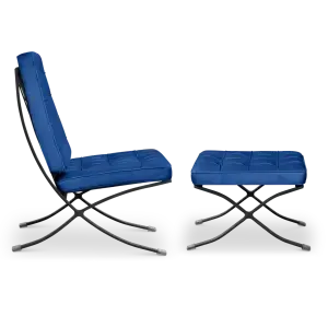 Paviljoen Chair XL Blauw Velvet Set | Inclusief Voetenbank | Zwart Frame